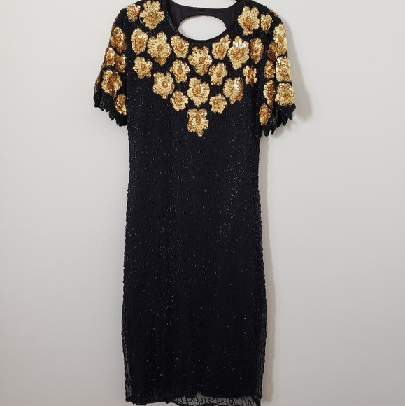 Vintage 1980s Floral Beaded and Sequin Dress - Picture 1 of 14